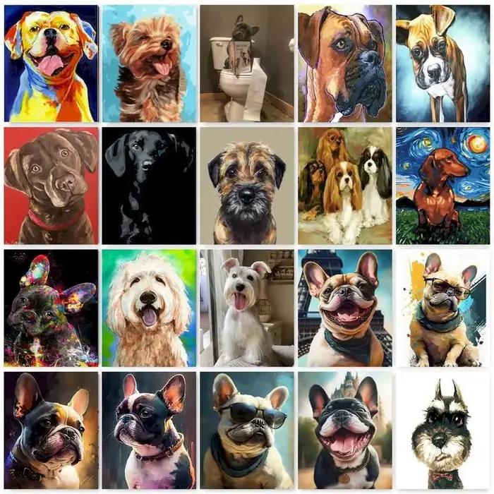 Gatyztoire coloriage par numéros chien animaux bricolage adultes Kits sur toile avec cadre peinture acrylique