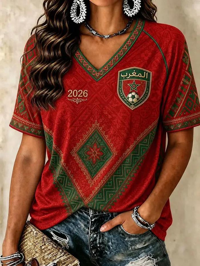 T-shirt sportif junior à col en V imprimé drapeau maroc avec écusson marocco et bordure traditionnelle pour femmes toutes saisons