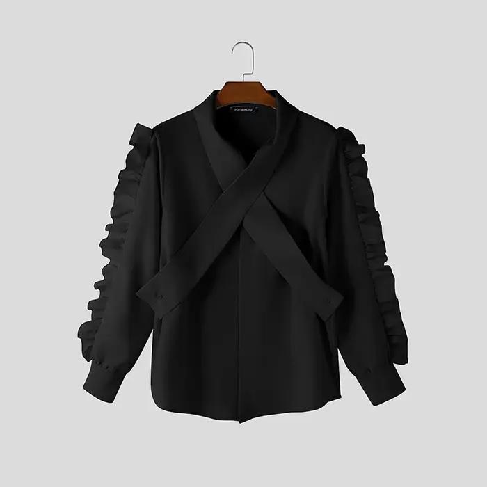 INCERUN hommes chemise couleur unie revers à manches longues à volants décontracté