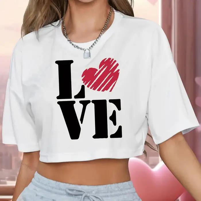 Haut court à col rond imprimé graphique Saint Valentin, tissu polyester, court, semi-transparent, do