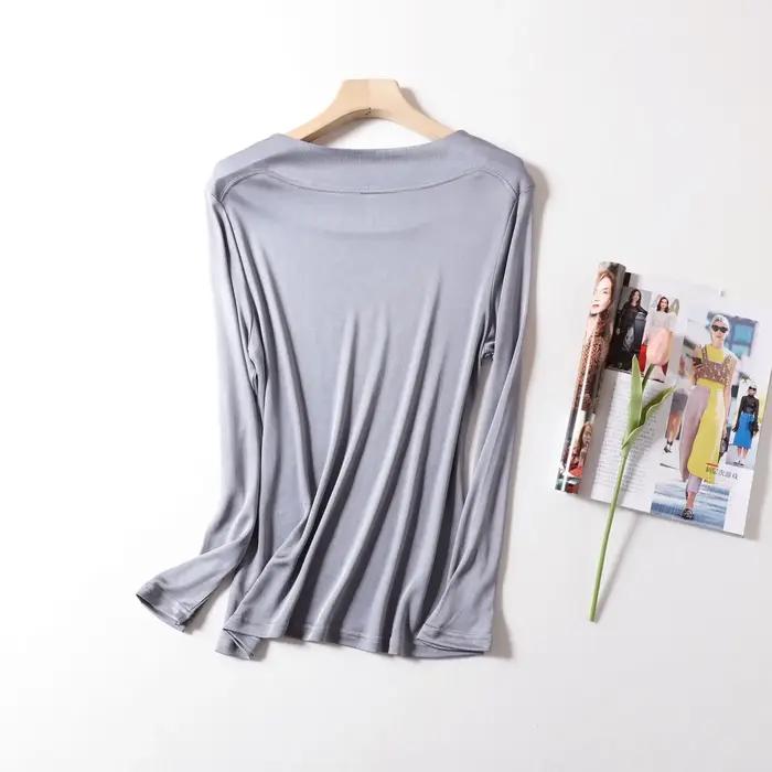 T-shirts en soie véritable Birdtree pour femme, col rond, uni, décontracté, manches longues, basique