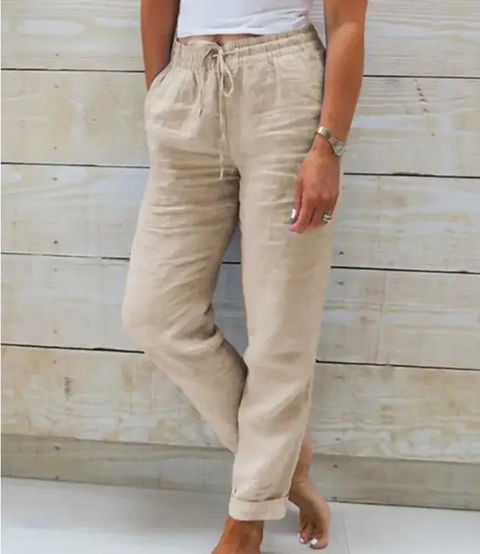 Pantalon d'été en coton et lin pour femme, taille haute élastique, décontracté, streetwear, couleur