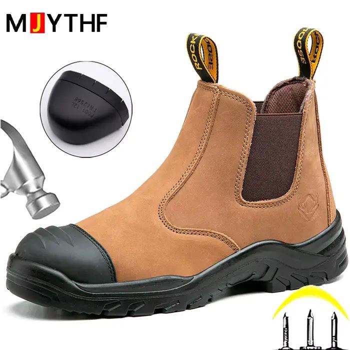 Bottes de sécurité en cuir véritable pour homme, bottes Chelsea anti-perforation, robustes et durables pour l'automne et le printemps
