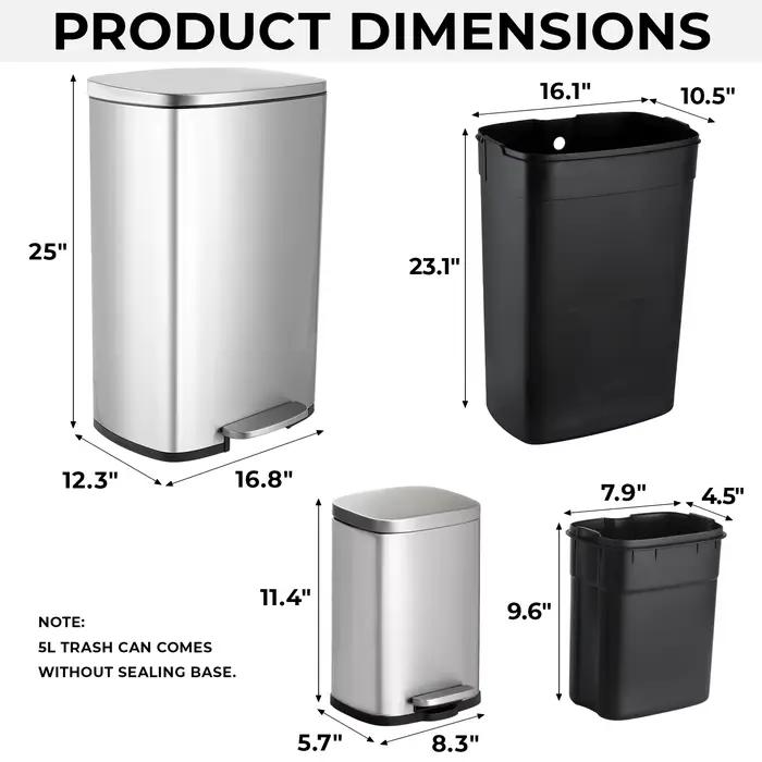 AOOU-Poubelle en acier inoxydable pour cuisine et maison, poubelle à fermeture douce, 13.2 + 1.3 gal