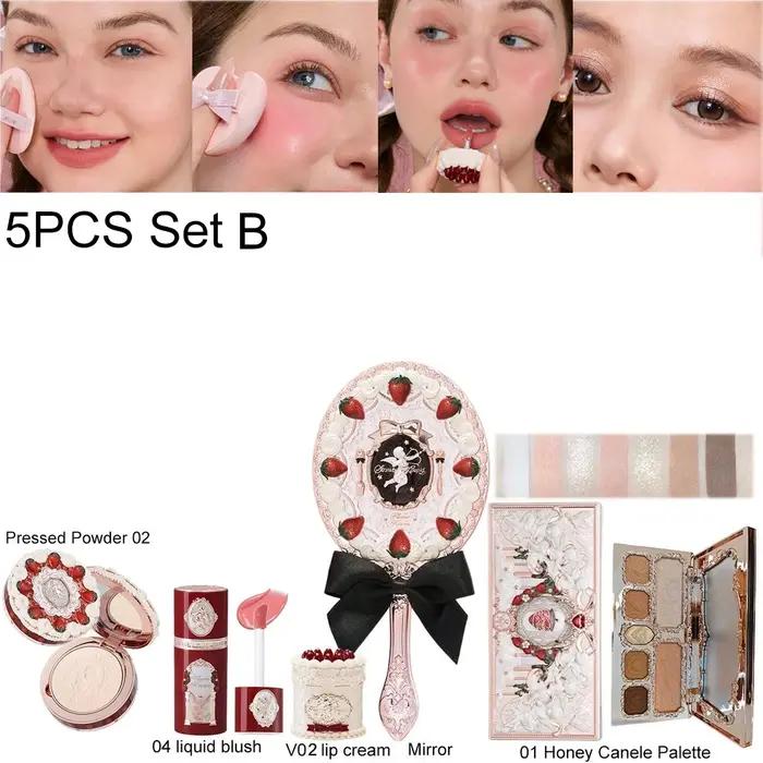 Flower Knows Rouge à Lèvres Matte Blush Liquide Set Fraise Cupidon Poudre Pressée Tenue Longue Crème Veloutée Léger Rési