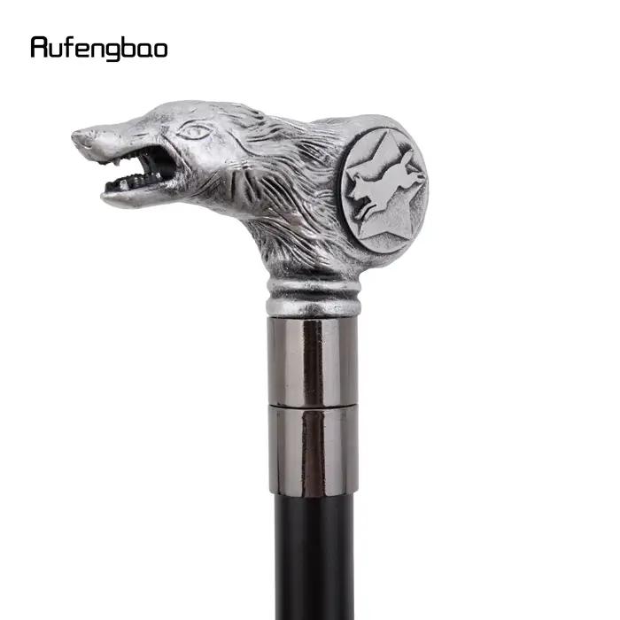 Canne de marche tête de loup en résine argentée, bâton décoratif en acier à la mode pour homme, bout
