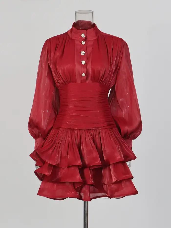 TWOTWINSTYLE élégant minceur épissé volants plis Mini robes pour les femmes col montant manches long