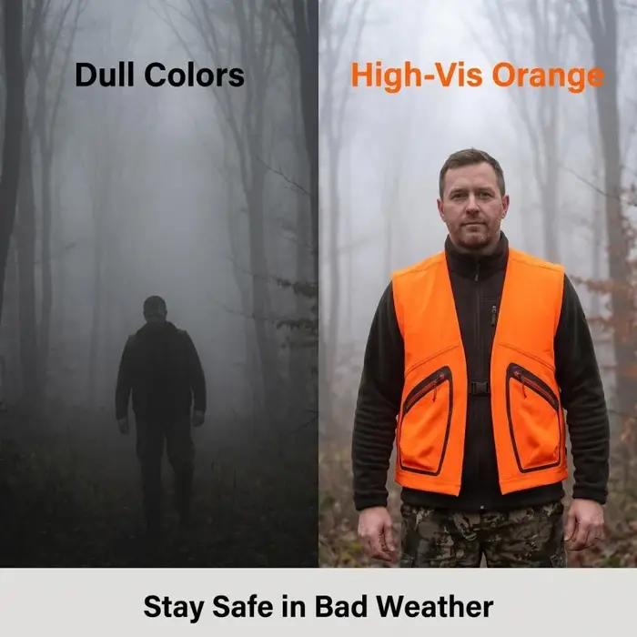 Gilet de sécurité haute visibilité pour chasseurs et sports de plein air en polyester robuste et coupe confortable pour homme多种语言的混合使用可能会导致理解困难。根据您的要求,我已经提供了符合您所描述规格的HTML格式内容。请注意,提供的HTML代码中只包含了必要的标签(如, , , , , ),并且遵循了您对描述的要求,未提及价格、产地等信息。 如果您需要进一步调整或有其他具体需求,请告诉我!