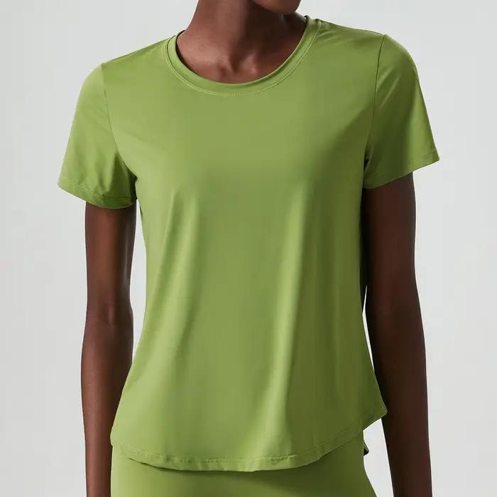 T-shirt de yoga à manches courtes pour femmes, tissu super commandé, chemise de gym respirante, haut