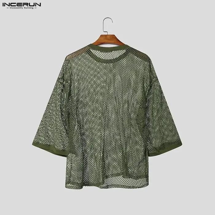 INCERUN T-shirt Homme Uni en Maille Transparente Sexy Oversize Vêtements Streetwear 2026 Manches 3/4