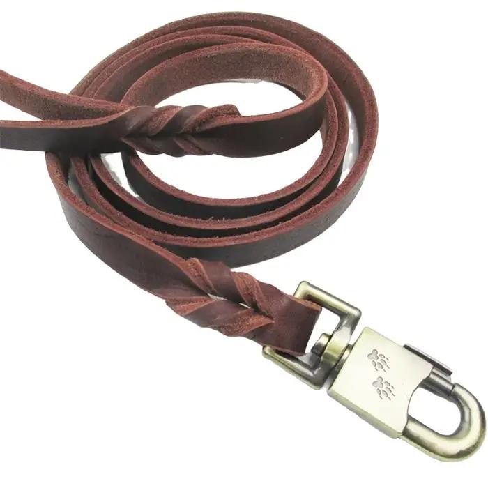Laisse longue en cuir véritable tressé pour chien