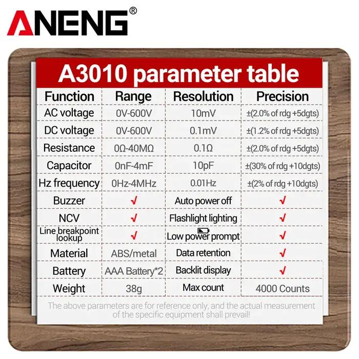 ANENG-Multimètre numérique A3010, 4000 points, type stylo, rétro-éclairage True-RMS, testeur de plag