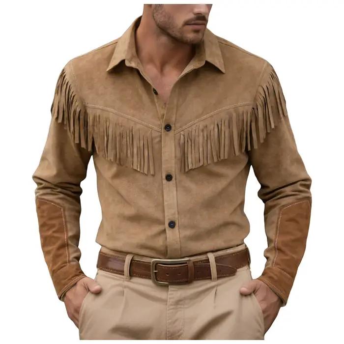 Costume de cowboy pour hommes, chemises de cowboy, cardigan décontracté en daim imitation avec franges, vestes boutonnées, chemises à manches longues, mode masculine