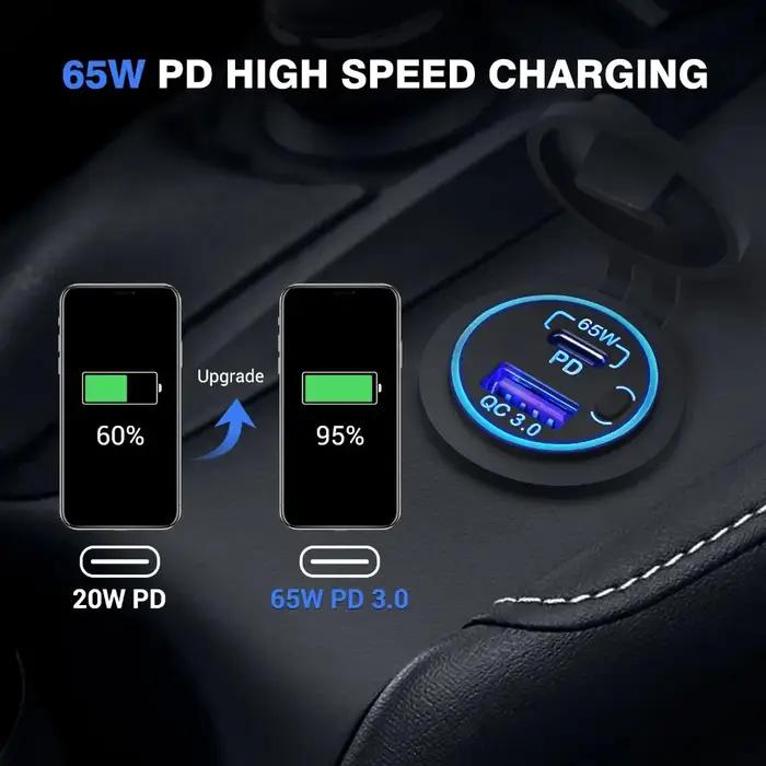 83W 12V USB Outlet Laptop Charger 65W USB-C PD3.0 & 18W QC3.0 Multi Car USB Port Socket Waterproof w