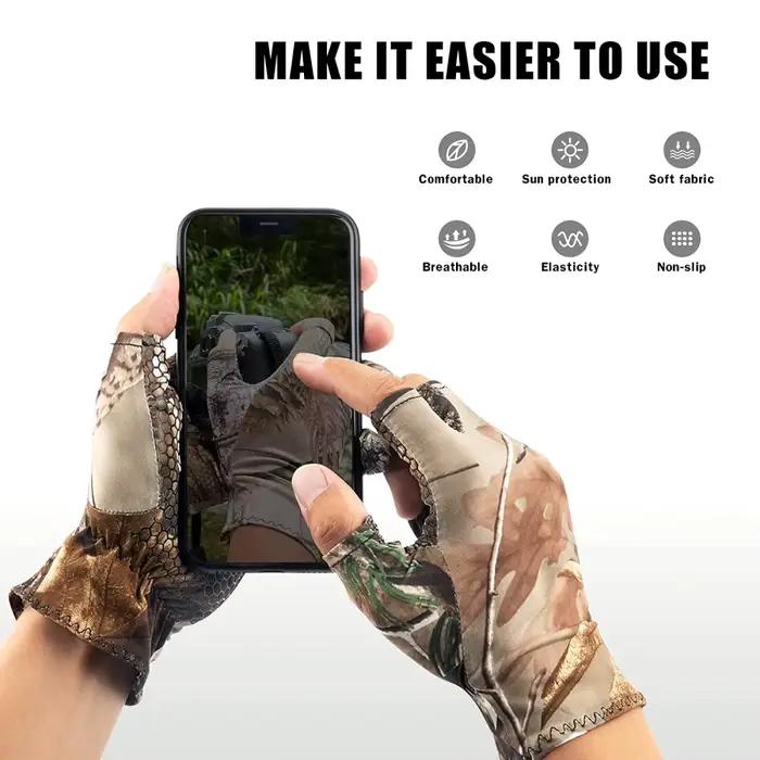 Gants de pêche camouflage mi-mains 3 doigts anti-dérapants fins pour chasse et vélo - Coupe élastique