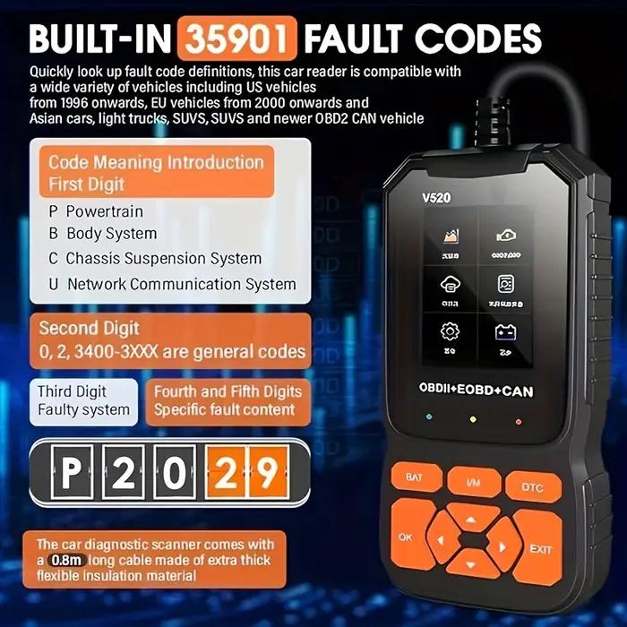 Outil diagnostic auto OBD2 V520 2025 - Lecteur codes défaut 8 langues - Réinitialisation moteur temps réel