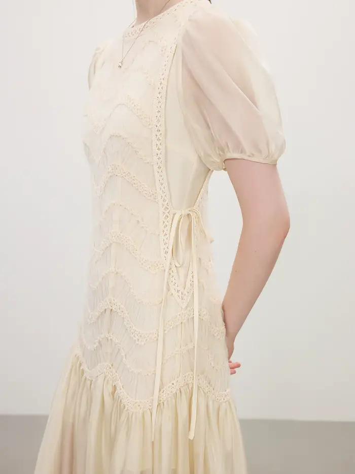 FSLE 2025 été femmes maille broderie robe évider épissage bulle manches taille cravate Y2K à la mode