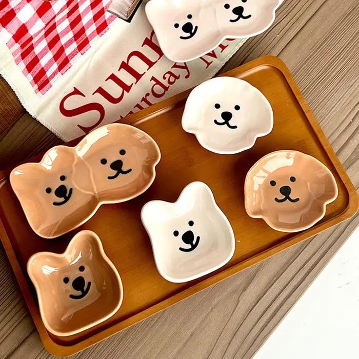 Plat à sauce en céramique avec motif de chien et d'ours mignon - Bol à condiments et collations pour la maison et les occasions spéciales