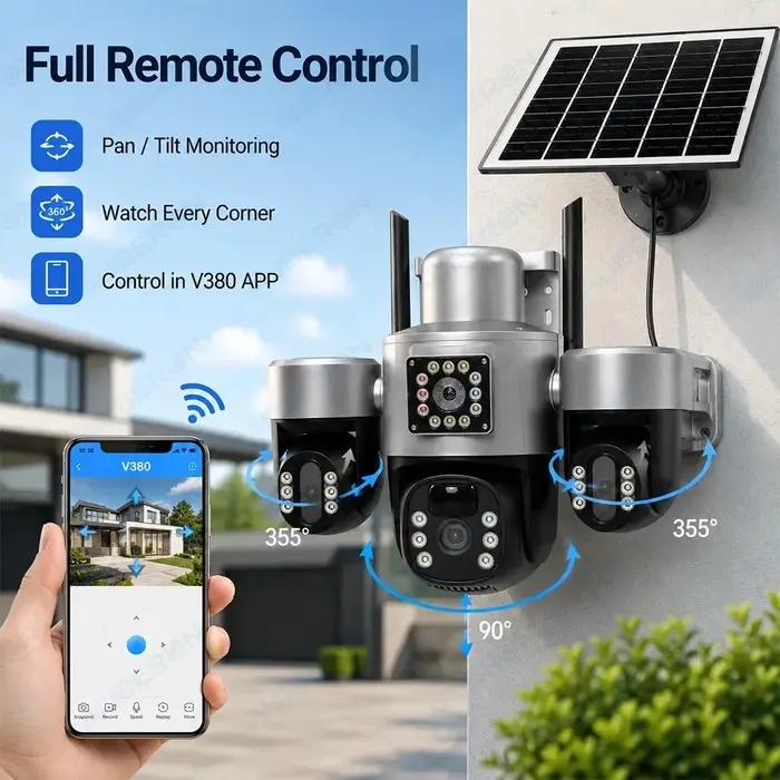 Caméra de sécurité solaire 4G à trois objectifs et trois écrans pour surveillance extérieure sans Wi-Fi, résistante aux intempéries IP66, alimentation solaire, vision nocturne couleur, contrôle à distance via application V380 Pro, idéale pour villas, fermes, entrepôts et cours