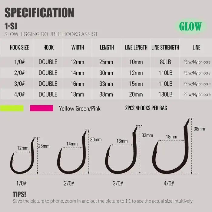 1-SJ – double assistance à gabarits lent avec crochets Mustad, hameçons de gabarits lumineux, hameço