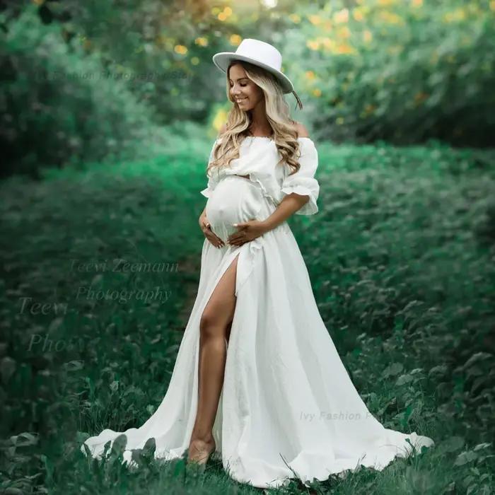Robe de grossesse bohème fendue sur le côté bord à volants confortable pour femmes maternité réceptions événements spéciaux