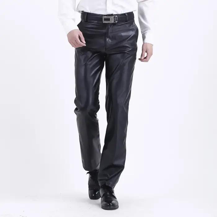 Pantalon en cuir pour hommes coupe droite élastique pantalon en cuir PU pantalon de moto mince