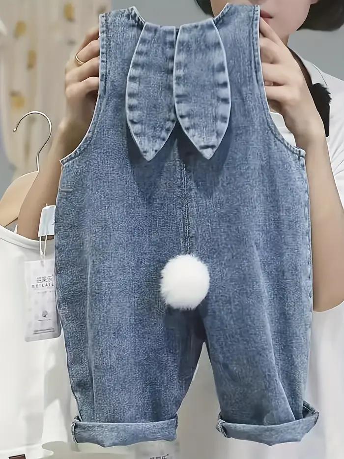 Pantalons cargo en denim pour enfants mignons avec détail d'oreille de lapin – Polyester élégant et confortable