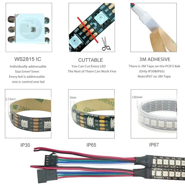 DC12V WS2815 5050RGB 5 m/rouleau 30/60/144 LED s/m noir/blanc PCB IP30/IP65/IP67 adressable individu