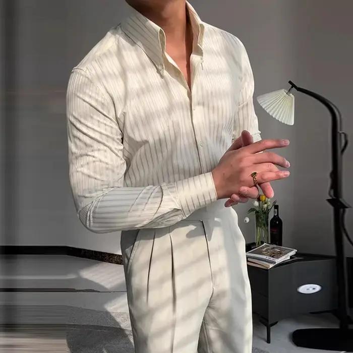 Nouveau Italie hommes d'affaires chemises léger luxe texturé pointe revers rayé à manches longues Cardigan loisirs haute qualité Blouse M-2XL