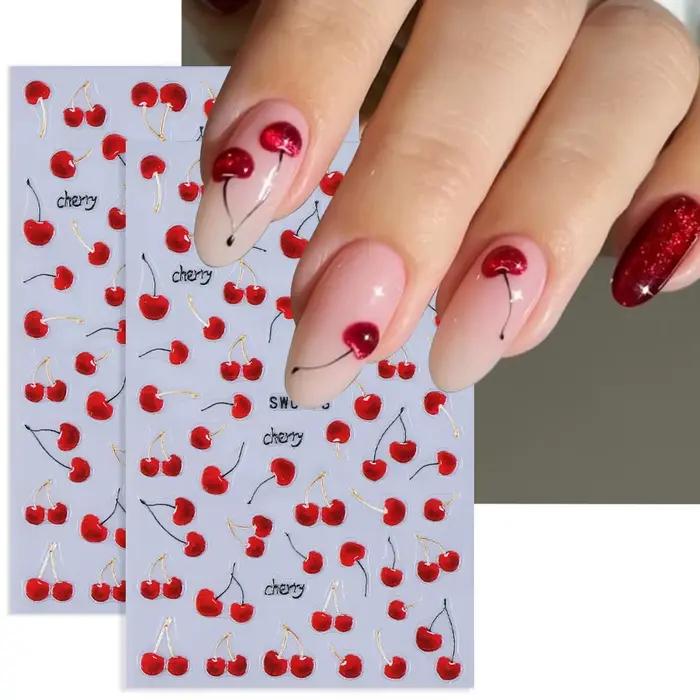 Autocollants pour ongles cerise rouge, 2 pièces, dessin animé fruits cerises tropicaux, Design d'été