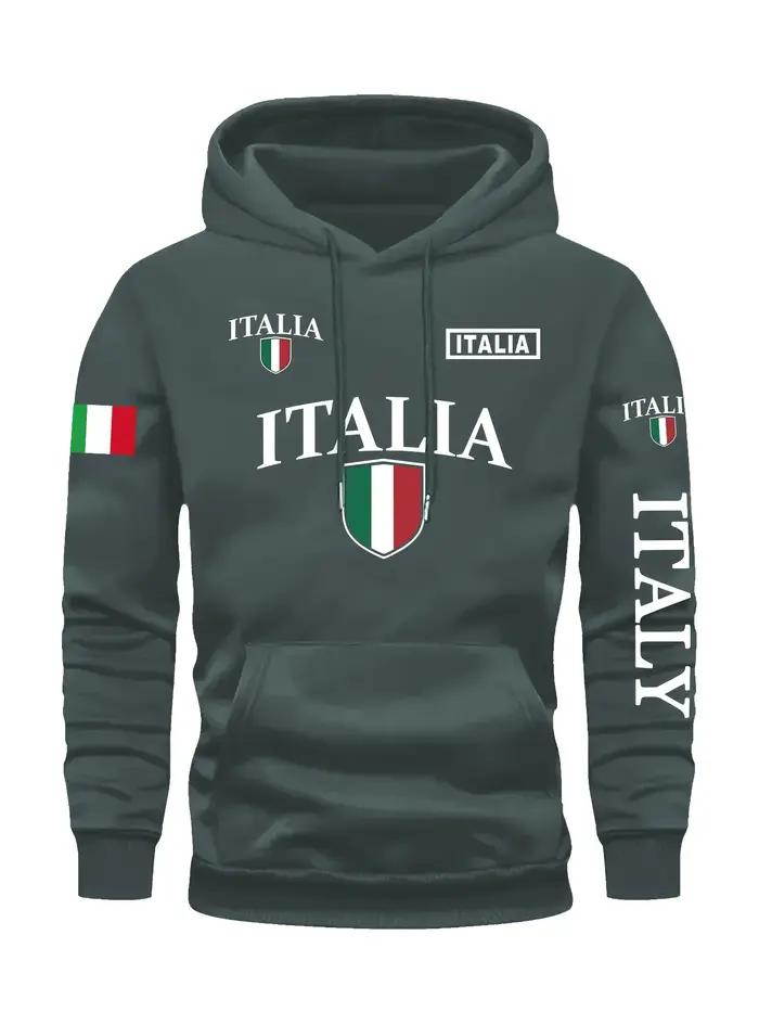 Sweat à capuche gris pour hommes, bouclier drapeau italien audacieux, lettre imprimée, pull décontracté, poche avant, poignets côtelés, ajustement confortable, mode urbaine