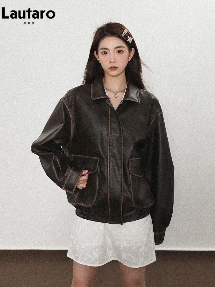 Lautaro printemps automne Cool beau doux Vintage en détresse marron Pu veste en cuir femmes à manche