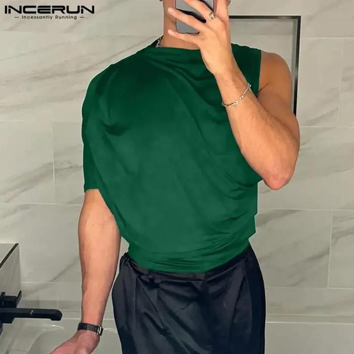 INCERUN hommes t-shirts irréguliers couleur unie col rond une manches courtes plissé hommes vêtements Streetwear 2025 évider Camisetas