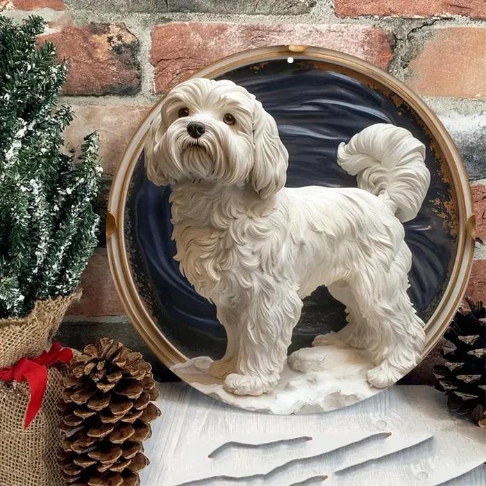 Panneau mural rond en métal imperméable pour chien blanc