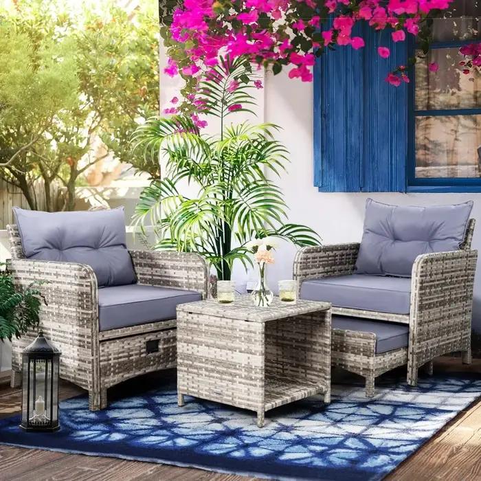 Ensemble de meubles de Patio en osier, 5 pièces, chaises de Patio d'extérieur avec poufs, meubles de