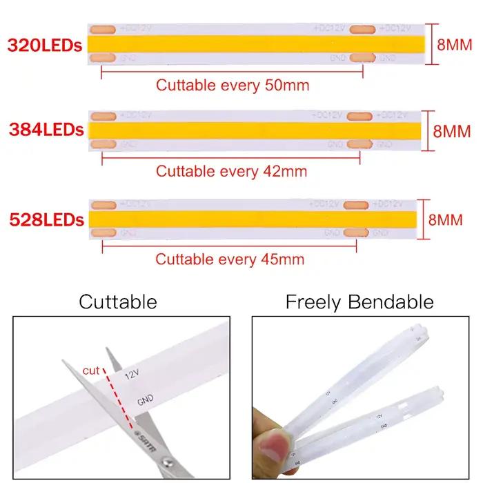 Bande lumineuse LED COB 320 384 480 528 LED, haute densité, Flexible, RA90, ruban lumineux, linéaire