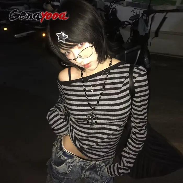 Genayooa japonais Y2k T-shirt femmes à manches longues épaules nues rayé culture hauts Y2k Grunge 20