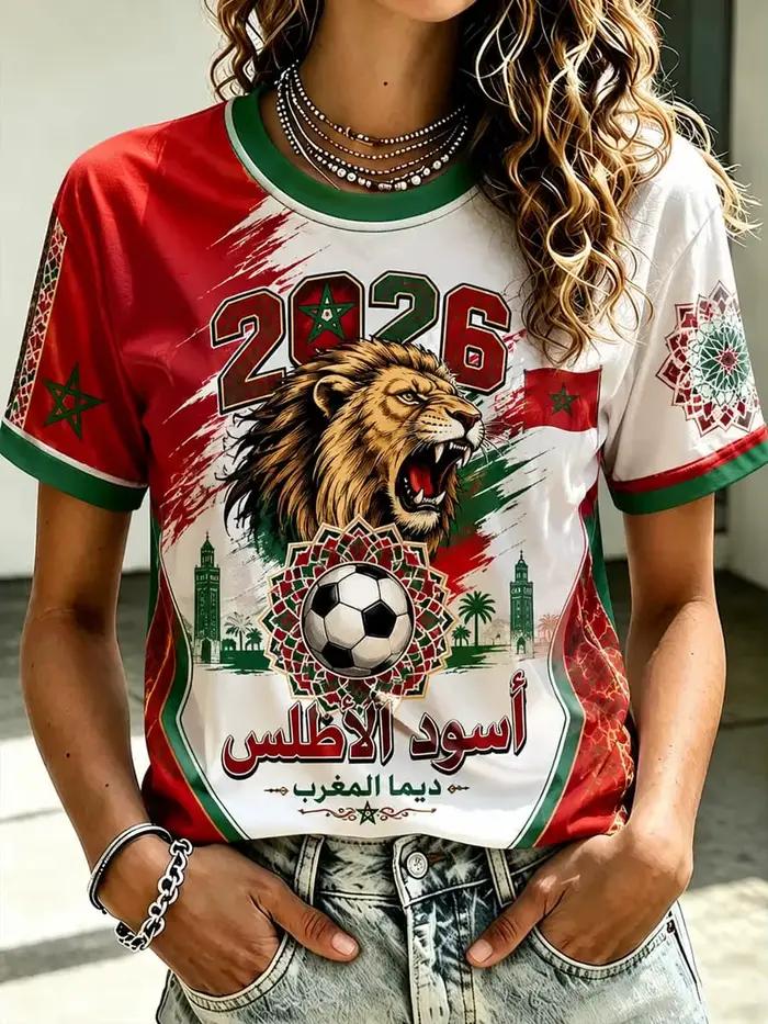 T-shirt sportif junior à col en V imprimé drapeau maroc avec écusson marocco et bordure traditionnelle pour femmes toutes saisons
