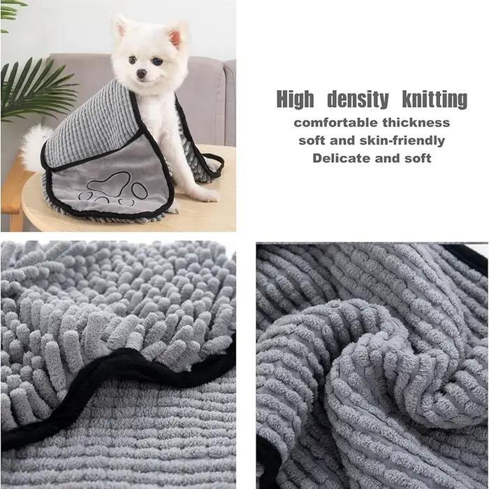Serviette de bain en chenille pour chiens et chats avec poches pour les mains ultra-absorbante pour bains quotidiens et promenades sous la pluie