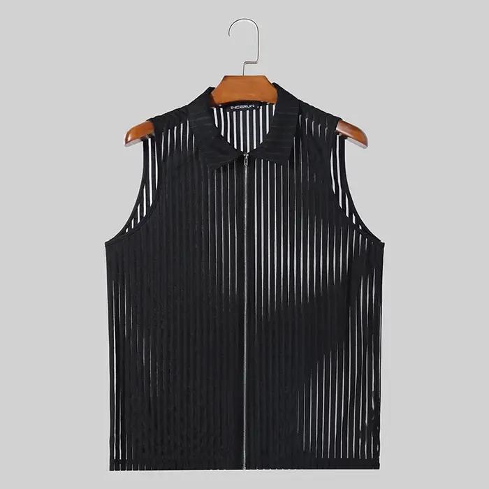 Mode Style décontracté hauts INCERUN hommes rayure verticale Perspective gilet à glissière Sexy mâle mince sans manches