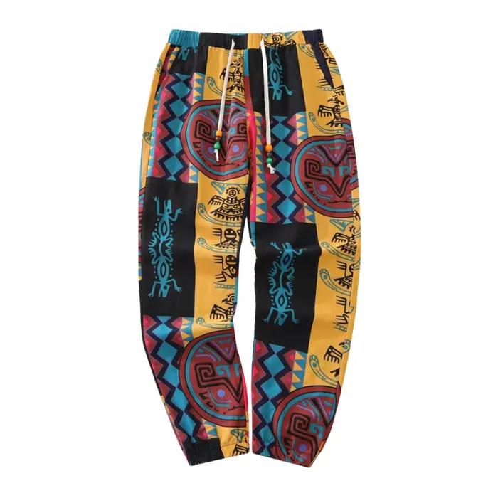 Pantalon léger en mélange de coton et de lin pour hommes, décontracté, avec cordon de serrage, impri