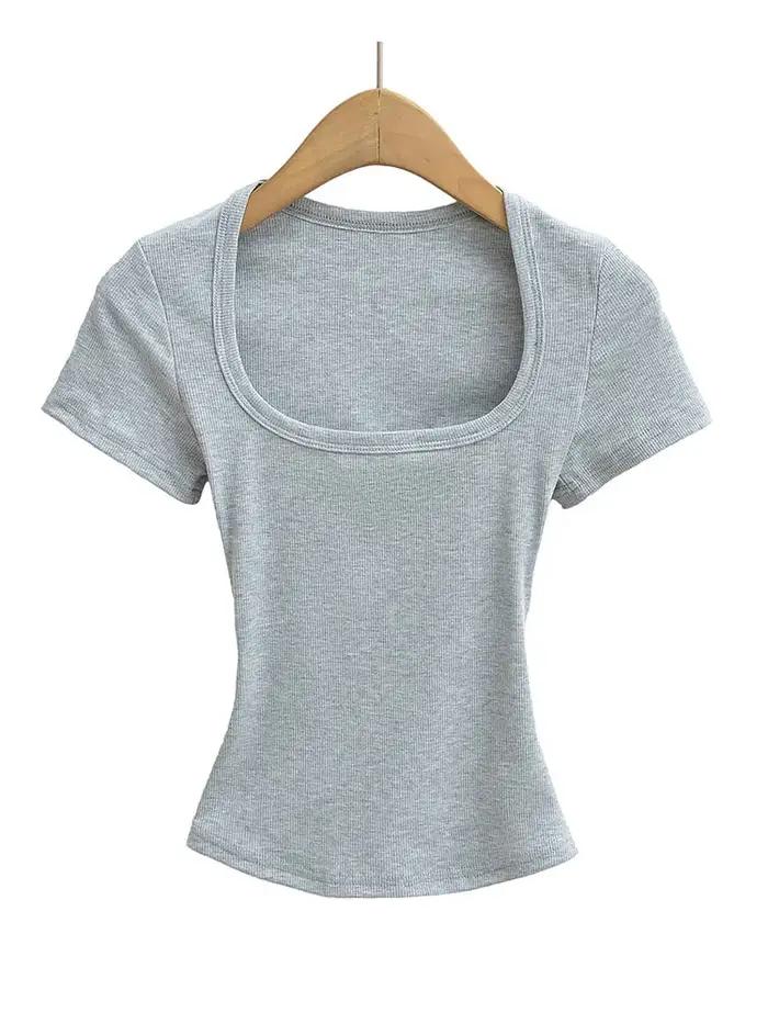 Col carré haute Stretch été culture hauts femmes à manches courtes hauts Sexy pull sommets Blouses m