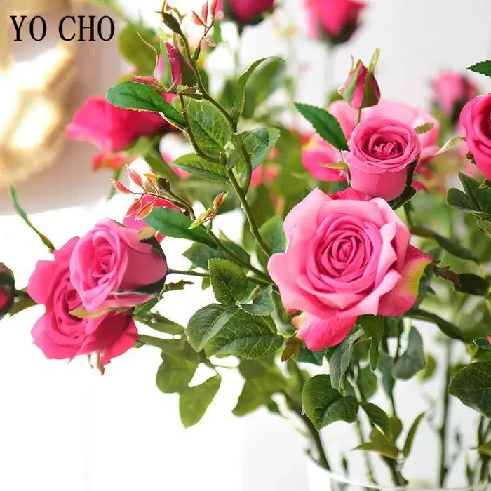 YO CHO – roses artificielles en soie, fausses fleurs de haute qualité, longue branche, 5 têtes, pour