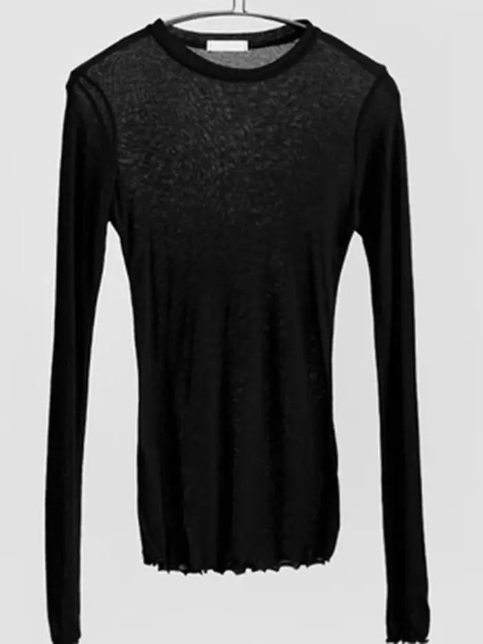 Haute qualité plaine T-shirt femmes coton élastique basique T-shirts femme décontracté hauts à manches longues Sexy mince T-shirt voir à travers