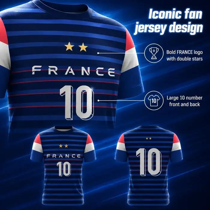 Maillot de l'équipe de France 2 étoiles pour hommes 10 Maillots de football à manches courtes à séchage rapide avec impression de lettres françaises pour supporters