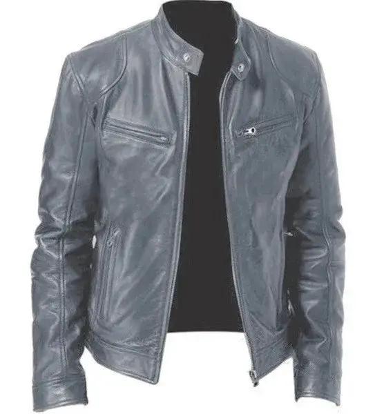 Veste en cuir PU coupe couvertes pour hommes, col montant, vestes à glissière alertes onale, revers
