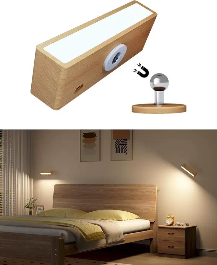 Applique murale nordique en bois avec rotation à 360 degrés, variable, magnétique tactile, pour cham