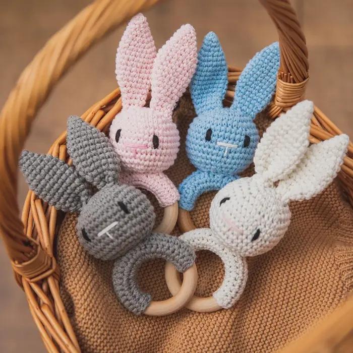 Hochet musical en bois pour bébé, anneau de dentition, hochets musicaux en crochet en forme de lapin, bracelet apaisant, jouets pour tout-petits, cadeaux de dentition pour bébé
