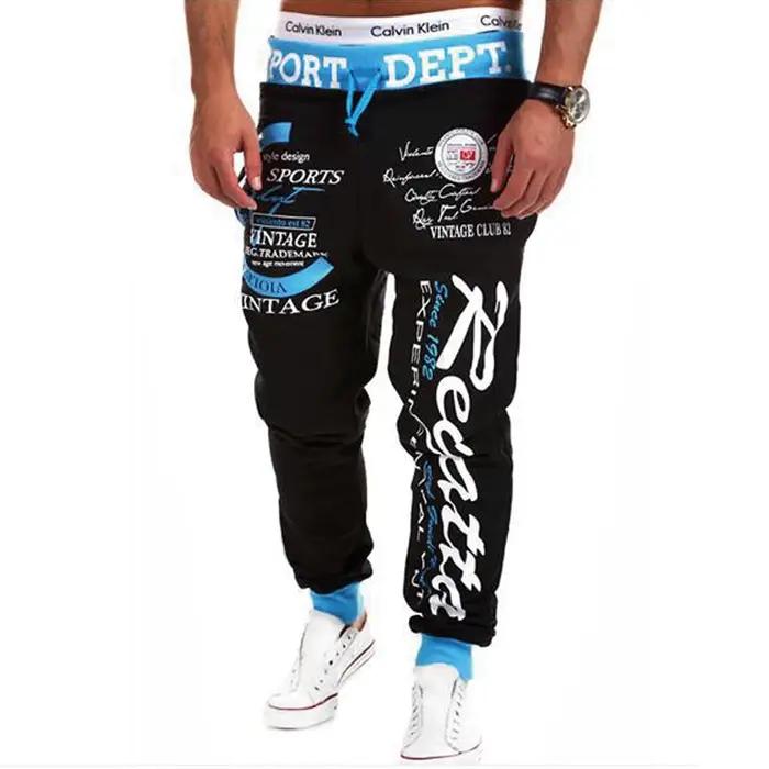 Sweatpants homme joggers élastique imprimé lettrage sport décontracté hip hop gris-bleu noir