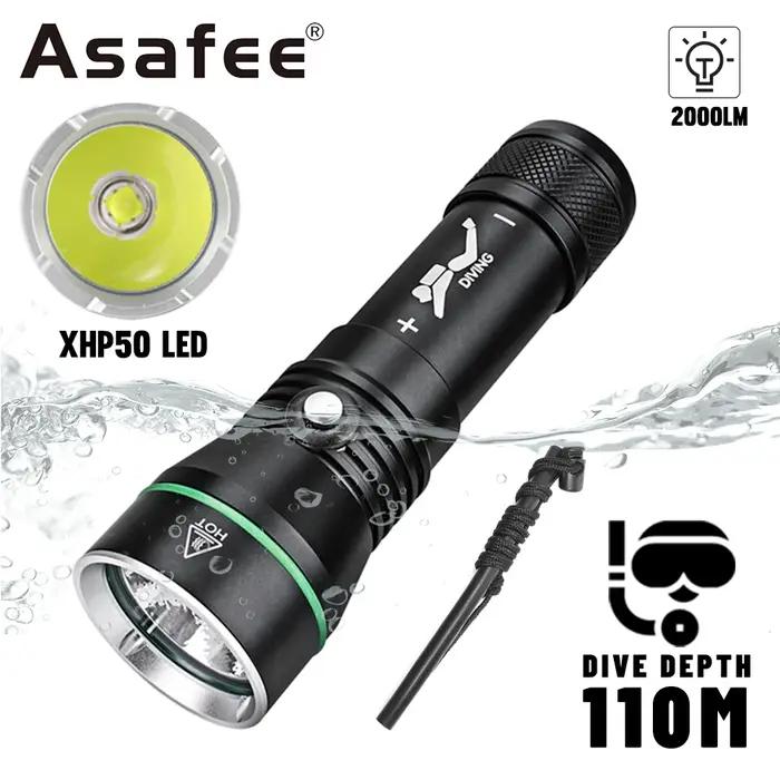 Asafee-Lampe de Poche pour Plongée Sous-marine, Torche d'Exploration, Joli à Pression, 50 LED, 110m,